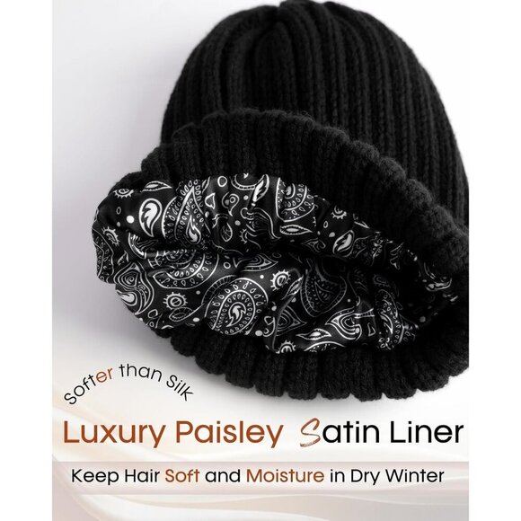 Women\'s Black Winter Beanie Hat Satin Lined Faux Fur Pom Pom Beanies Hat